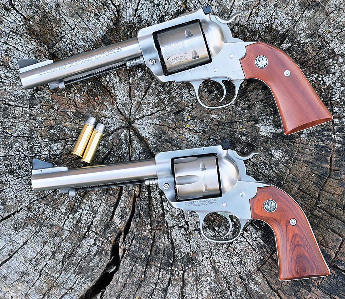 Ruger has traditionally built guns chambered in 41 Magnum on the larger 44-frame (top), but this latest Lipsey’s exclusive is built on the medium-sized 357 flattop frame (bottom).